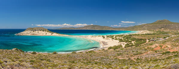 Panoramic view of Simos beach from a ridge, Elafonissos Island, Laconia Region, Peloponnese, Greece