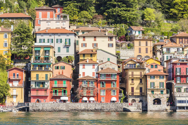 Close up of the colourful typical houses of Varenna village on Lake Como, Lecco province, Lombardy, Italy