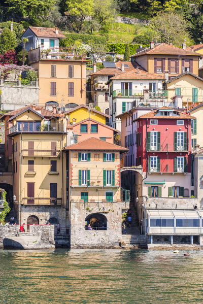 Close up of the colourful typical houses of Varenna village on Lake Como, Lecco province, Lombardy, Italy