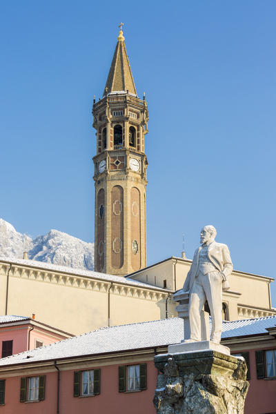 Mario Cermenati monument and San Nicolò church in the background, Lecco, lecco province, Lombardy, Italy