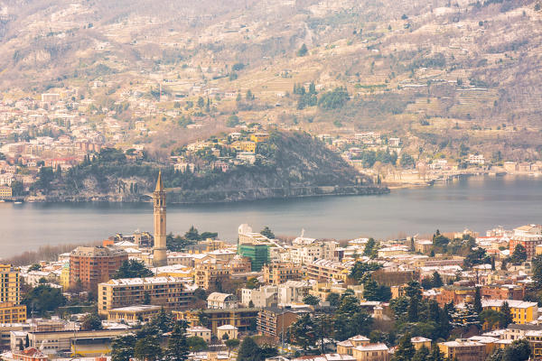 Upper view of the snowy city of Lecco on Como lake, Lecco province, Lombardy, Italy
