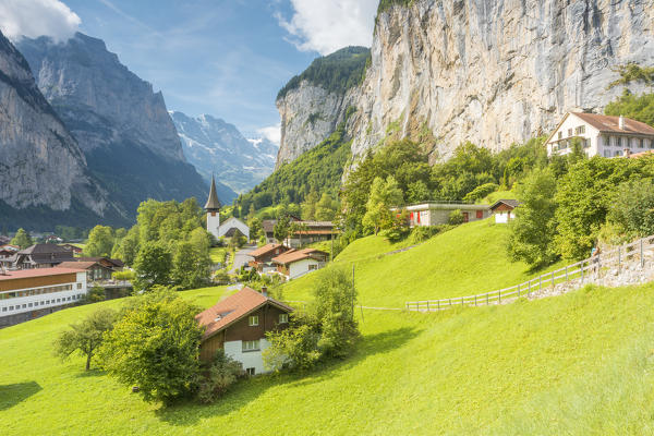 Village of Lauterbrunnen with Staubbach Fall in the background,Interlaken-Oberhasli administrative district, canton of Bern,Bernese Oberland, Switzerland.