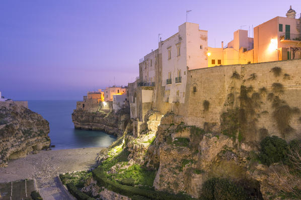 Lama Monachile also called Cala Porto at dawn, Polignano a Mare, Bari province, Apulia region, Italy