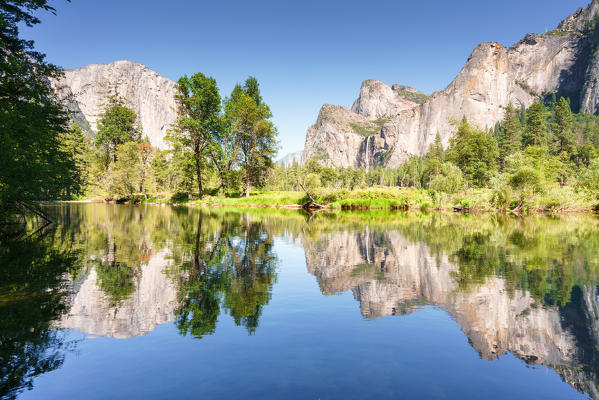 Yosemite mountains reflected in Merced River, Yosemite Valley, Yosemite National Park; Sierra Nevada, California, North America, USA