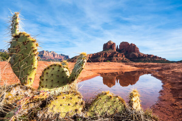 Cathedral rock reflected at Secret Slickrock trail, Sedona, Arizona, USA