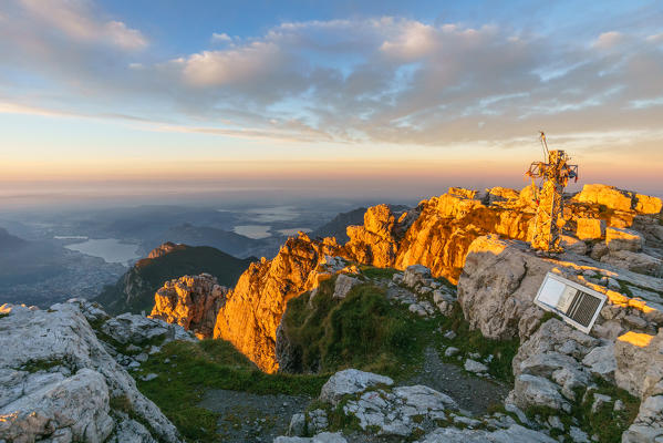 View from the summit of Grigna Meridionale at sunrise with the lakes in background, Lecco, Lombardy, Italy, Europe