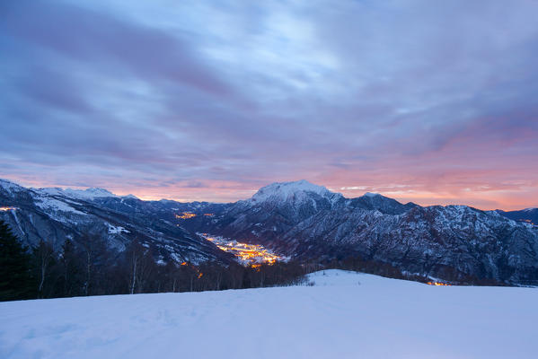 View of Valsassina and Grigna Settentrionale from Alpe Giumello at sunrise, Lecco, Lombardy, Italy, Europe