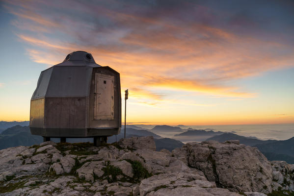 Sunrise at Bivacco Ferrario, at the summit of Grigna Meridionale, Lecco, Lombardy, Italy, Europe