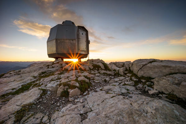 Sunrise at Bivacco Ferrario, at the summit of Grigna Meridionale, Lecco, Lombardy, Italy, Europe