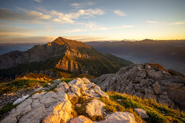 Grigna Settentrionale from the summit of Grigna Meridionale at sunrise, Lecco, Lombardy, Italy, Europe