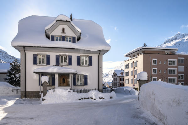 The tipical house in the center of Andermatt, Canton of Uri, Switzerland, Europe