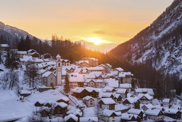 Traditional village of Bosco Gurin during the sunrise, Vallemaggia, Canton of Ticino, Switzerland, Europe