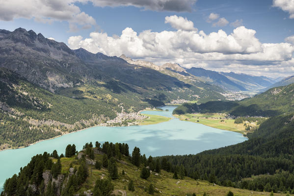Paragliding above Silvaplana lake, Engadine, Canton of Graubunden, Switzerland, Europe