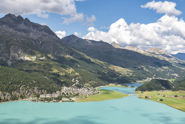Paragliding above Silvaplana lake, Engadine, Canton of Graubunden, Switzerland, Europe