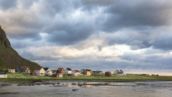 Clouds and midnight sun at the typical fishing village, Eggum, Unstad, Vestvagøy, Lofoten Islands, Norway, Europe