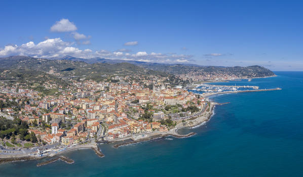 Aerial view on the sea of Porto Maurizio and Parasio in the west city of Imperia, Liguria, Italy, Europe