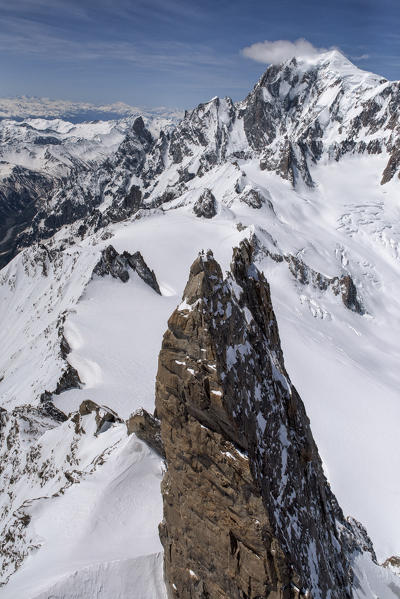 Aerial view of Dent du Geant and in background Mont Blanc, Courmayeur, Aosta Valley, Italy