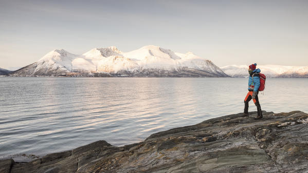 Hiker admires the fjord at Lattervick, Lattervik, Ullsfjorden, Lyngen Alps, Troms, Norway, Europe