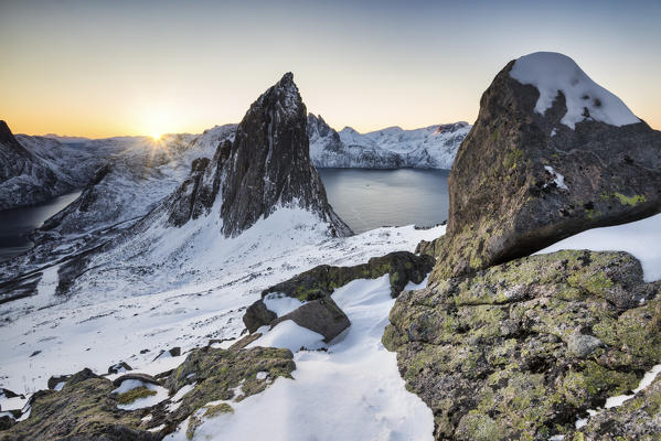 The sunrise at the peak called Segla, Hesten, Fjordgard, Mefjorden, Senja, Tromso, Norway, Europe