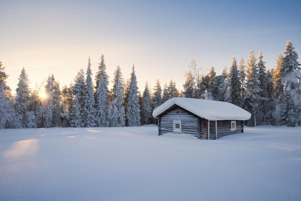 Wooden house in the snowy forest, Kiruna, Norrbotten County, Lapland, Sweden, Europe