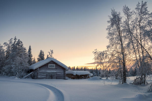 Wooden house in the snowy forest during sunset, Kiruna, Norrbotten County, Lapland, Sweden, Europe