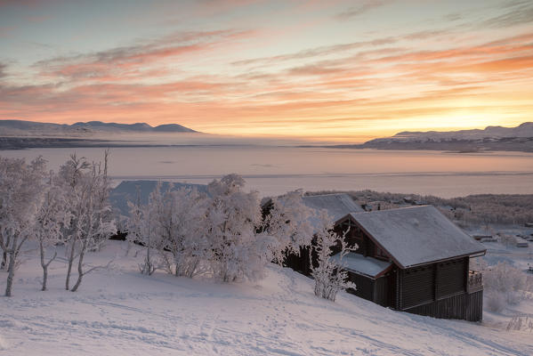 Sunrise on the little village, Bjorkliden, Abisko, Kiruna Municipality, Norrbotten County, Lapland, Sweden, Europe