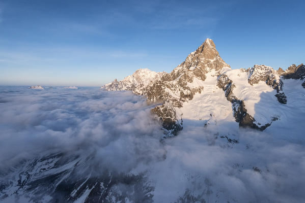 Aerial view of Grandes Jorasses of Mont Blanc  during sunrise, Courmayeur, Aosta Valley, Italy, Europe