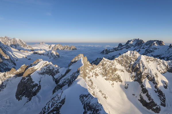 Aerial view of Grandes Jorasses of Mont Blanc  during sunrise, Courmayeur, Aosta Valley, Italy, Europe