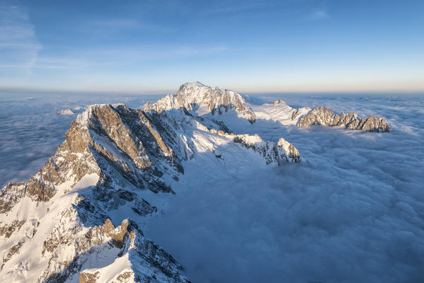 Aerial view of Grandes Jorasses and Mont Blanc in background  during sunrise, Courmayeur, Aosta Valley, Italy, Europe