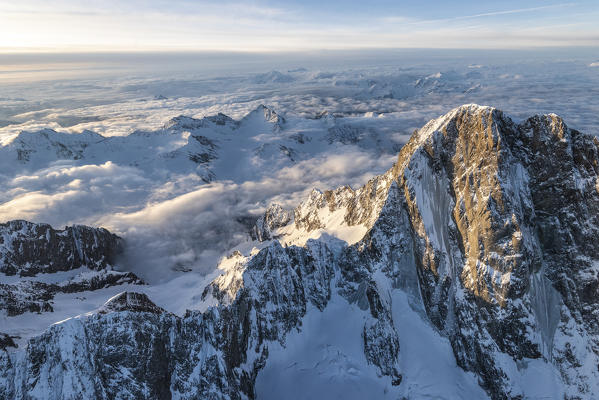 Aerial view of Grandes Jorasses of Mont Blanc  during sunrise, Courmayeur, Aosta Valley, Italy, Europe