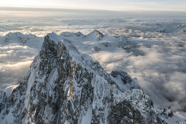 Aerial view of Grandes Jorasses of Mont Blanc  during sunrise, Courmayeur, Aosta Valley, Italy, Europe
