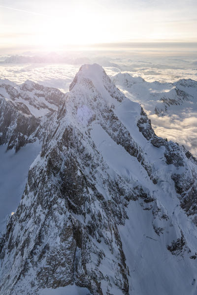 Aerial view of Grandes Jorasses of Mont Blanc  during sunrise, Courmayeur, Aosta Valley, Italy, Europe