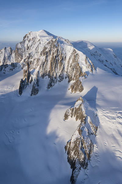 Aerial view of snowy peaks of Mont Blanc during sunrise, Courmayeur, Aosta Valley, Italy, Europe