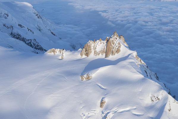 Aerial view of the glacier of Mont Blanc during sunrise, Courmayeur, Aosta Valley, Italy, Europe