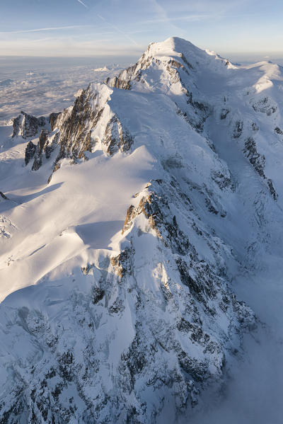 Aerial view of snowy peaks of Mont Blanc during sunrise, Courmayeur, Aosta Valley, Italy, Europe