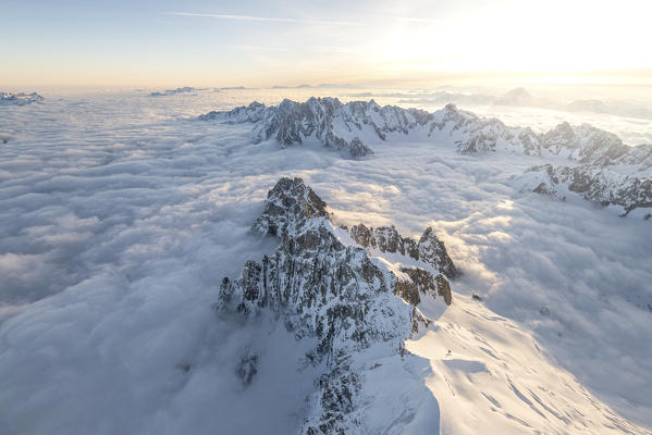 Aerial view of snowy peaks of Mont Blanc during sunrise, Courmayeur, Aosta Valley, Italy, Europe
