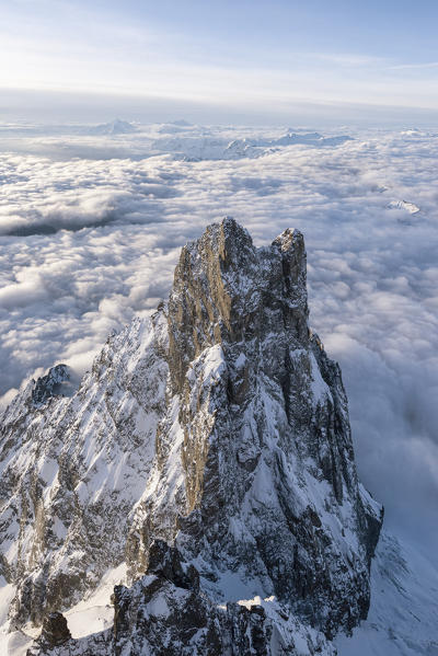Aerial view of snowy peak of Aiguille Noire De Peuterey during sunrise, Courmayeur, Aosta Valley, Italy, Europe
