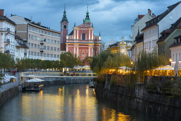 Ljubljanica river and Franciscan Church of the Annunciation in the center of Ljubiana, Slovenia, Europe 
