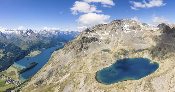 Aerial view of Lej da la Tscheppa while on the left Lake of Sils, Engadin, Canton of Graubunden, Switzerland