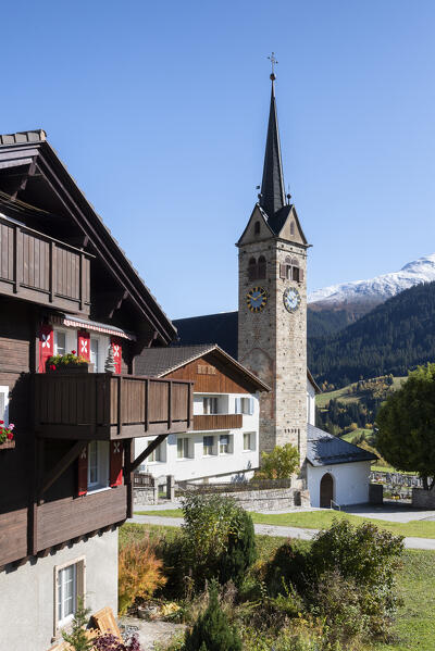 Old church and tower bell of Tujetsch, Grisons Canton, Switzerland