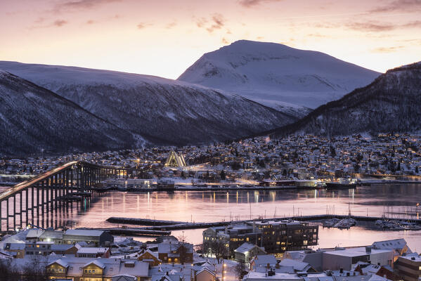 The city of Tromso during winter sunrise, Troms County, Norway, Europe