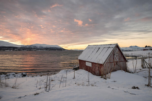 Typical fisherman house in front of fjord of Tromso, Troms County, Norway, Europe