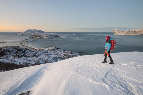 Man looks towards bridge and sea, Sommaroy island, Troms county, Norway, Europe