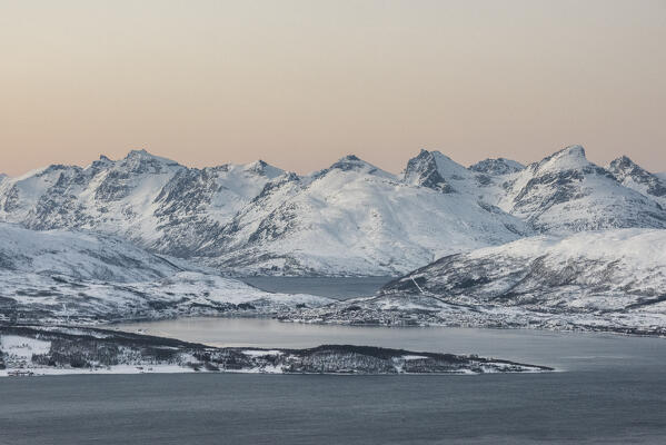 The view of the fjord of Tromso at dusk from the mountain top, Troms county, Northern Norway, Europe