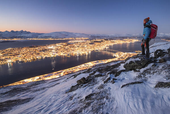 The view of the city of Tromso at dusk from the mountain top, Troms county, Northern Norway, Europe