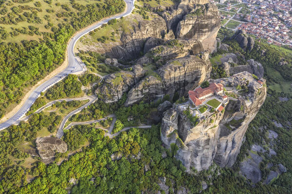 Aerial view of Monastery of Aghia Triada in Meteora, Kalabaka, Tessaglia, Greece