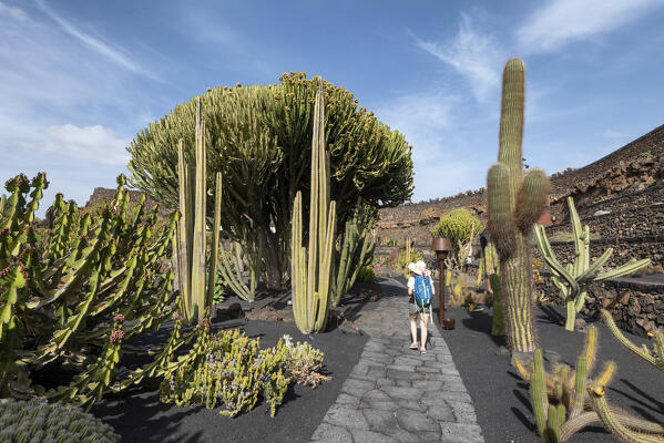 Girl visits the Jardin de Cactus, garden designed by Cesar Manrique in Lanzarote, Lanzarote, Canary Island, Spain, Europe