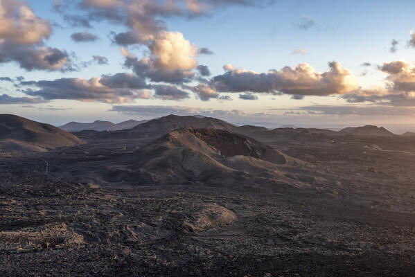 View of Timanfaya National Park during sunset, Lanzarote, Canary Island, Spain, Europe