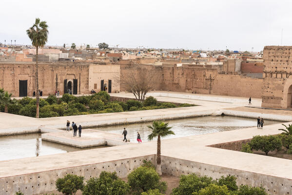 The gardens with orange trees of El Badi Palace in Marrakech, Marrakech-Safi, Morocco 