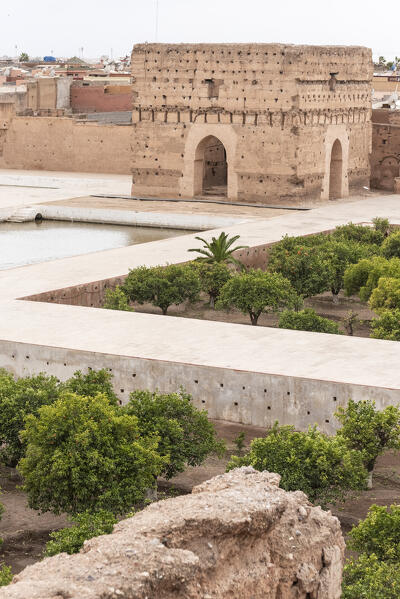 The gardens with orange trees of El Badi Palace in Marrakech, Marrakech-Safi, Morocco 